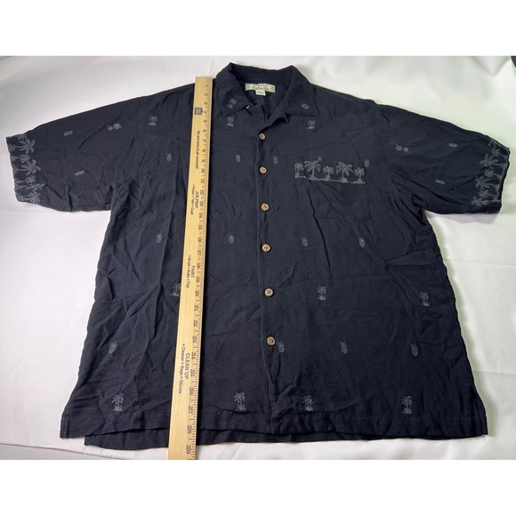 Tommy Bahama Silk Button Up Shirt‎ Palm Tree Pineapple Print Black Mens Medium - Picture 4 of 6